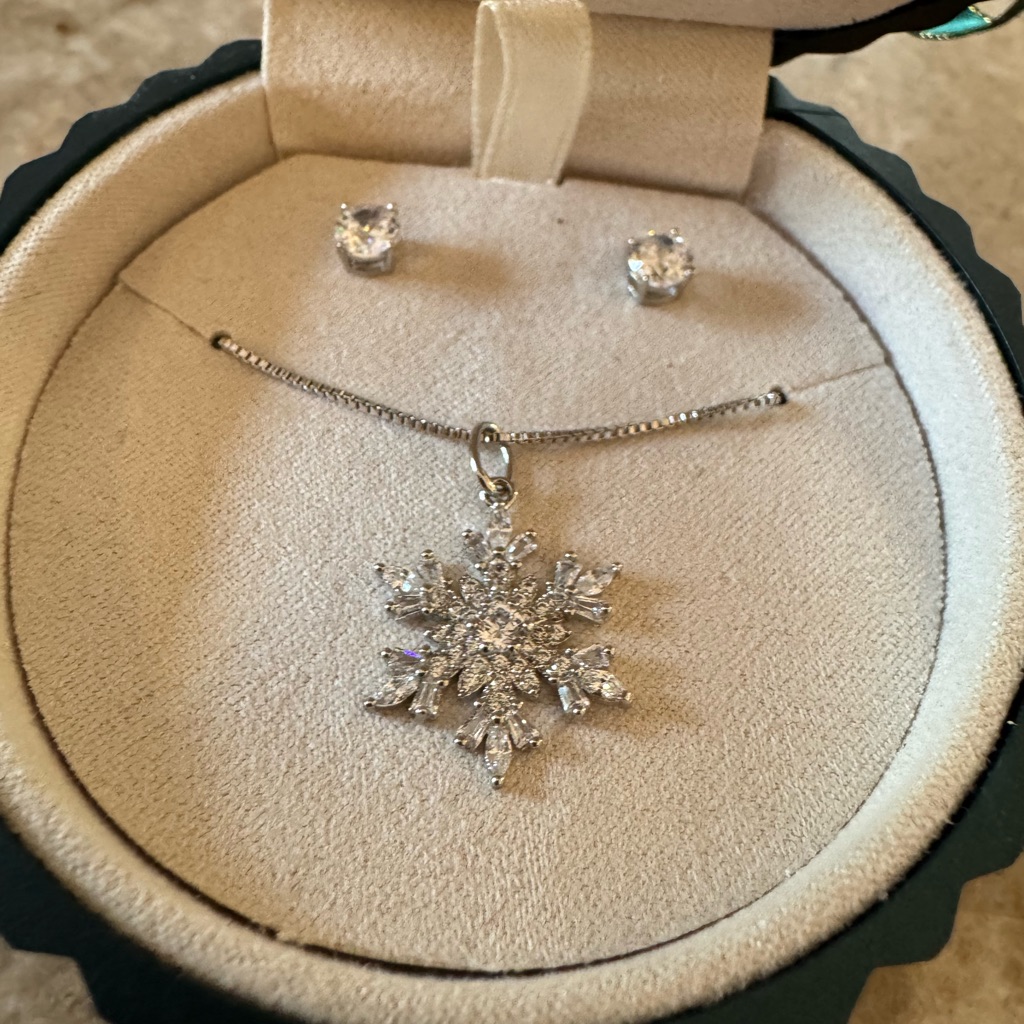 Snowflake Pendant Necklace / Earring Set In Ornament New Silver Plated